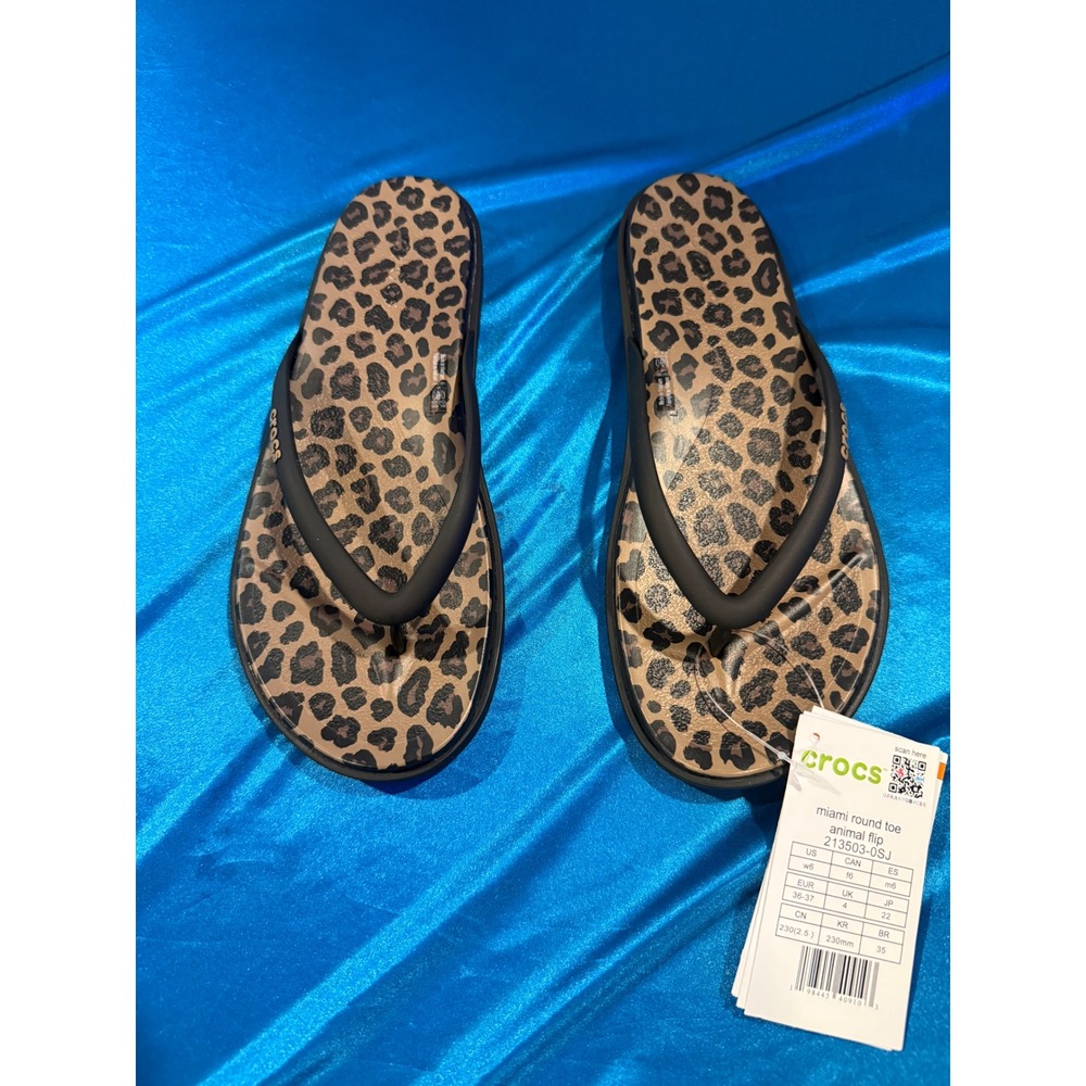 Crocs Miami Animal Print Flip Flops NWT Leopard Brown Black Sandals W 6